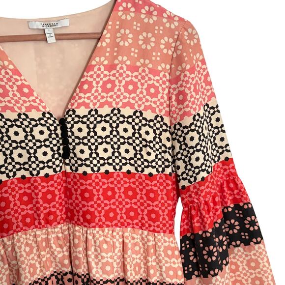 Derek Lam 10 Crosby Geo Ruffle Balloon Sleeve Dress 2 Pink Black Boho Western - Picture 8 of 8